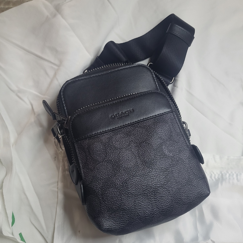 Coach Leather Men's Belt Bag, Black Signature Print With Small Dust Bag
